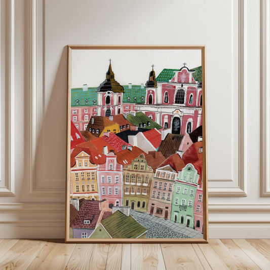 Poznan Old Town Art Print: Colorful City Houses Gouache Painting