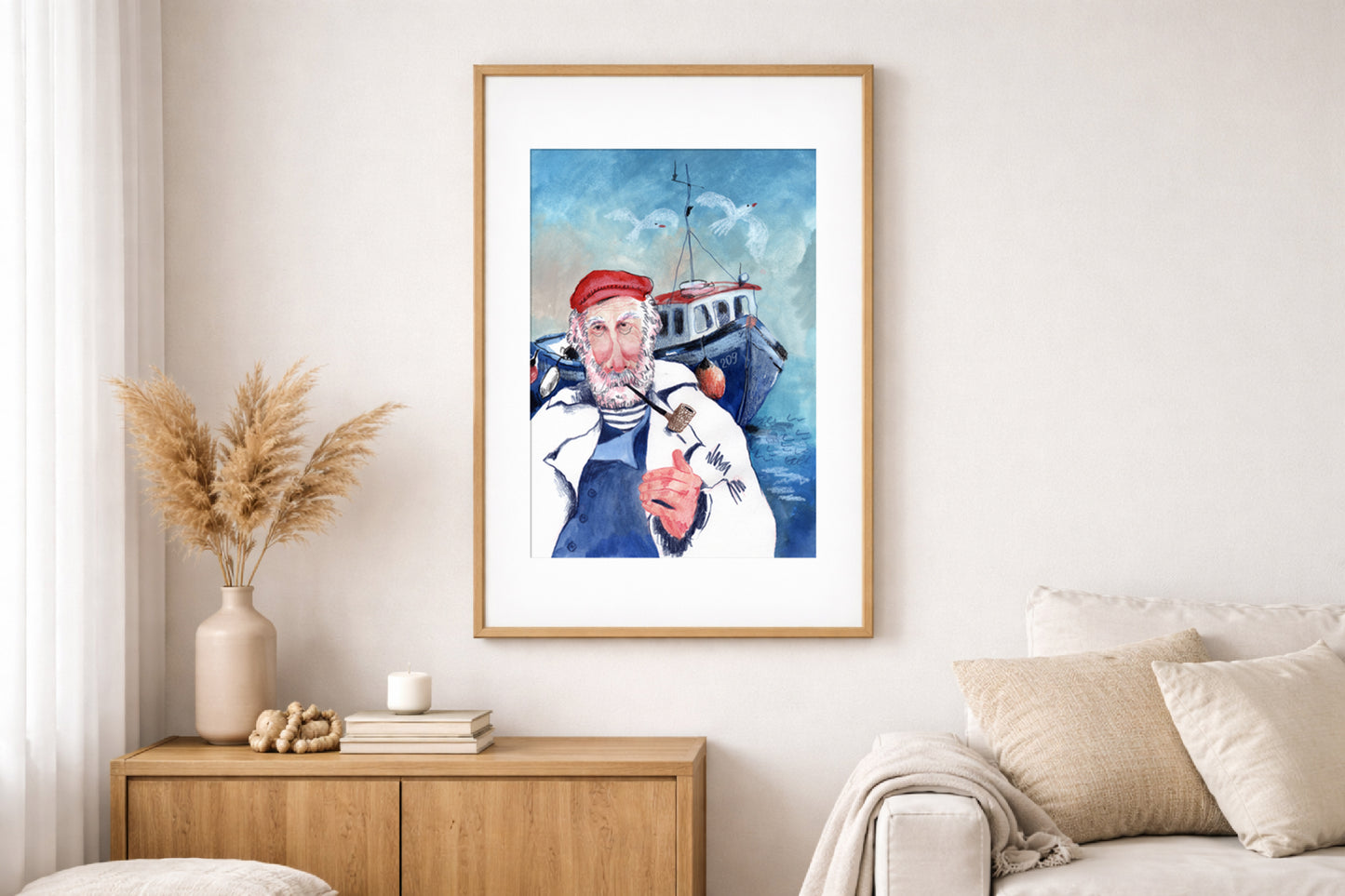 Fisherman Art Print, Nautical Sea Captain Illustration, Coastal Wall Art, Maritime Boat Poster, Gouache & Pastel Giclée, Beach House Decor