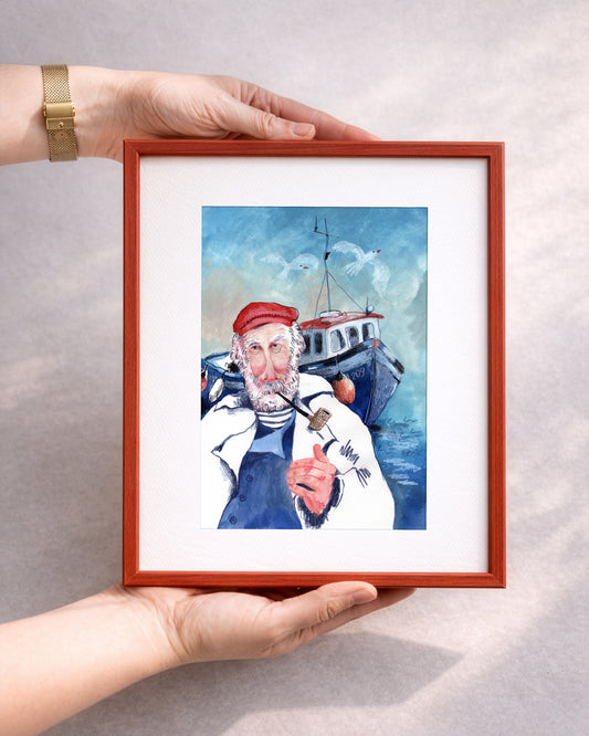Fisherman Art Print, Nautical Sea Captain Illustration, Coastal Wall Art, Maritime Boat Poster, Gouache & Pastel Giclée, Beach House Decor