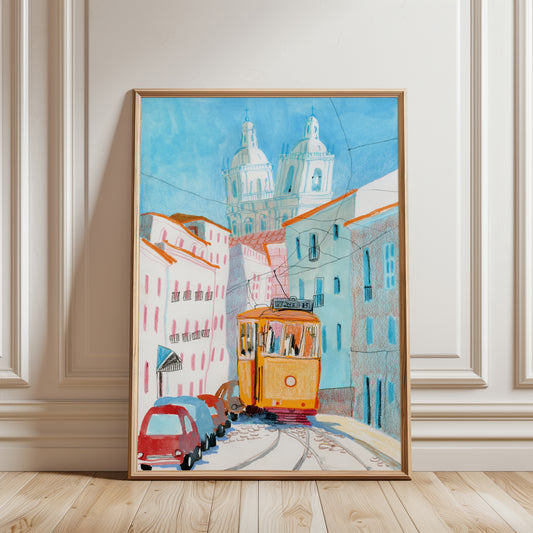 Lisbon Travel Poster: Hand-Drawn Yellow Tram Art Print