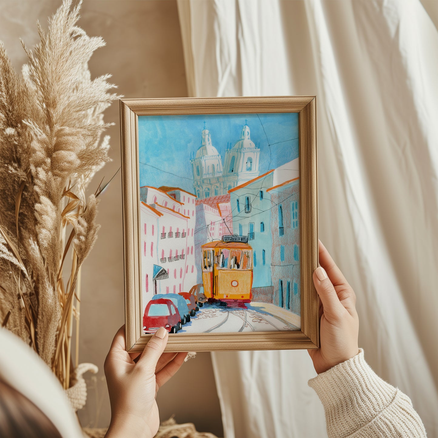 Lisbon Travel Poster: Hand-Drawn Yellow Tram Art Print